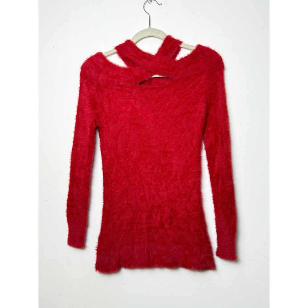 Venus Fuzzy Cut Out Shoulder Sweater‎ Red Long Sleeve Plush Knit Women's Small